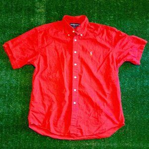 VINTAGE POLO RALPH LAUREN BLAKE MENS CASUAL SHIRT RED MULTICOLOR HORSE LOGO SZ L